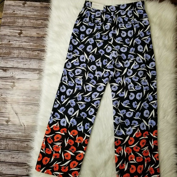 Ann Taylor Pants 6 Wide Leg Floral High Rise Blue Red Tailored - Picture 7 of 8